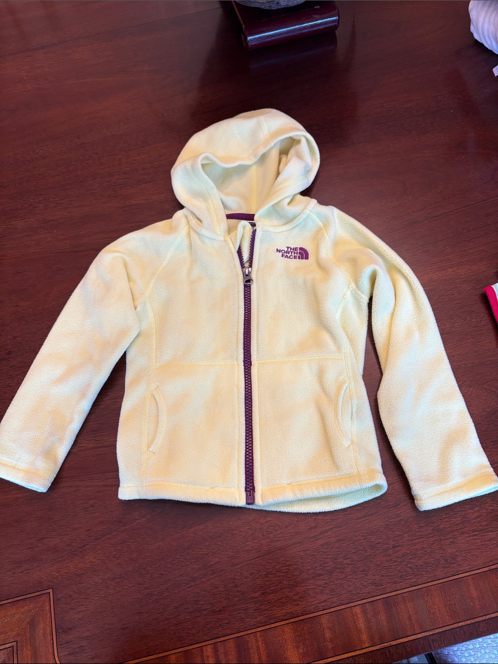 The North Face Girls' Yellow Hooded Fleece Jacket with Purple Zipper